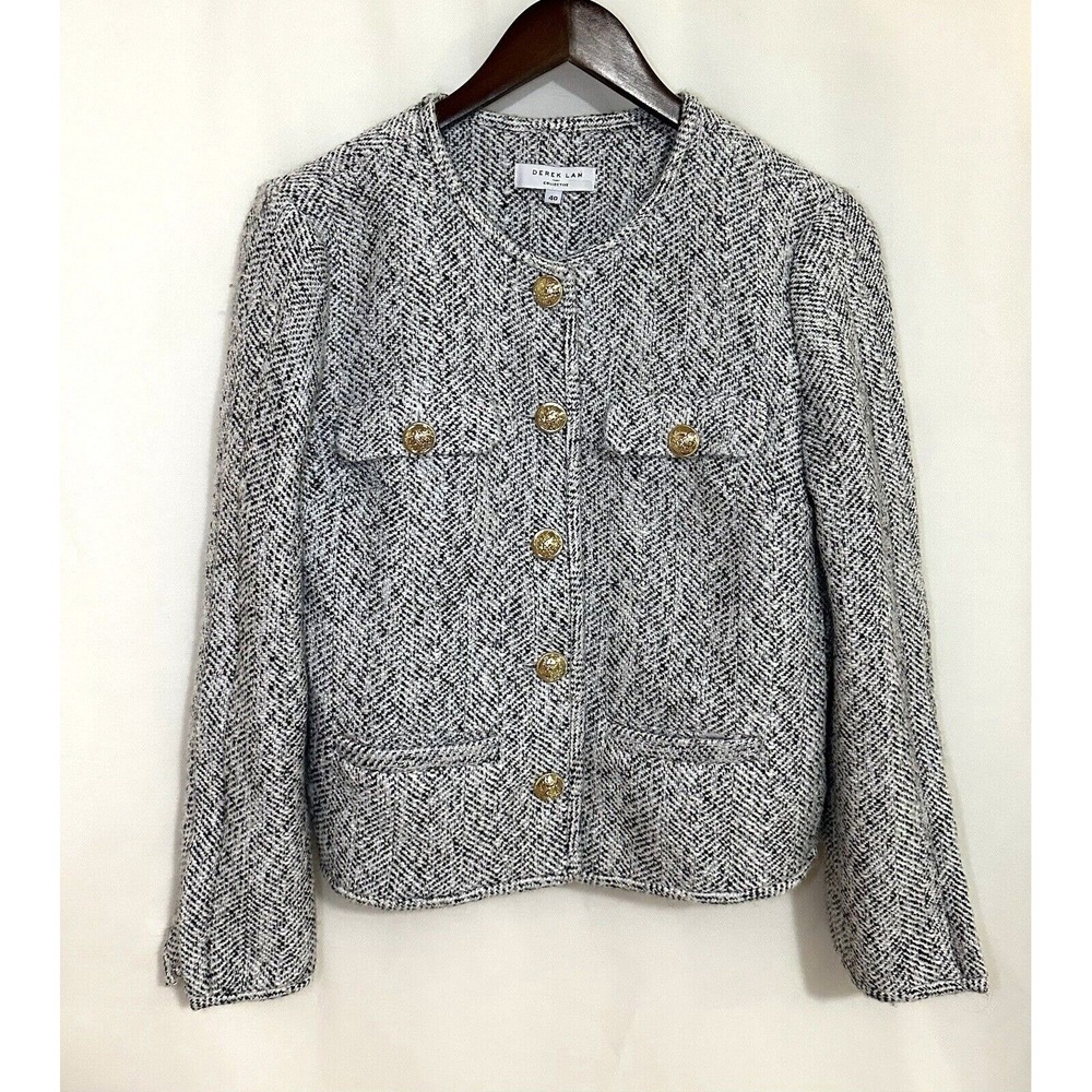 Derek Lam Collective Women's Jacket Blazer 40 Gray Tweed Button Front Wool Blend